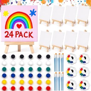 24 Set Mini Acrylic Paint Kit with Canvas, Wood Easel, Brushes, Palette, Painting Kits for Kids Girls Boys, Art Set Gifts for Classroom Prizes Birthday Party Favors Easter Basket Stuffers