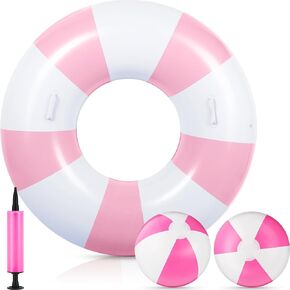 4 Pcs Inflatable Pool Float Set Includes 39.37'' Tubes Striped Pool Rings Swimming Rings with Handles 14.96'' Beach Ball and Air Pump for Adult Teens Water Games Summer Beach