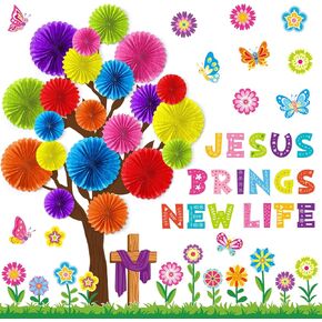 Gersoniel 76 Pcs Spring Classroom Tree Bulletin Board Set Jesus Brings New Life Decoration Spring Tree Butterflies Flower Cutouts 3D Honeycomb Paper Fans Christian Cross Chalkboard DIY Wall Decor