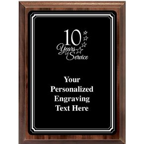 Crown Awards 7"X9" Black Metal Plate 10 Years of Service Plaque, Personalized 10 Years of Service Wood Plaque Award with Your Text Black Plate Prime