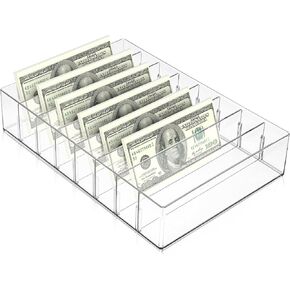 Money Organizer for Cash Large Acrylic Cash Organizer 8 Section Clear Money Cash Trays Budget Tray for Bills Cash Storage Organizer Plastic Bill Storage Holder for Cash Envelope