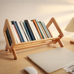 Desktop Bookshelf, Small Desk Book shelf Organizer, Bamboo Book Rack Tilting Bookcase for Books/Magazine/CDs/Files Dispaly, Tabletop Bookshelf Storage Rack in Living Room/Office/Home/Bedroom
