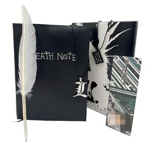 Buqalkje Deaths note Book4 PCS Set Notebook Anime Cosplay Japan Anime Theme Writing Journal, Feather Pen, L Necklace & Book Chain