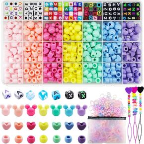 1605 Pcs Hair Beads for Braids for Girls with Elastic Rubber Band Threaders Kit, Candy Color Acrylic Mickey Heart Star Alphabet Cube Beads Pastel Pony Beads Cube Kandi Beads for Hair Jewelry Making