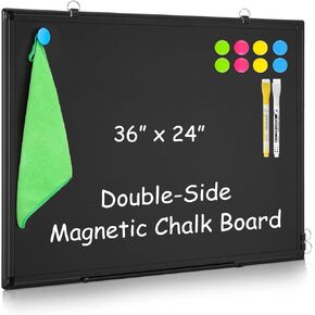 Magnetic Black Chalk Board, 36“x24" Black Chalkboard Double-Sided Dry Erase Board Magnetic Blackboard for Wall, Black Framed Small Chalk Board Home, School, Office, Kitchen