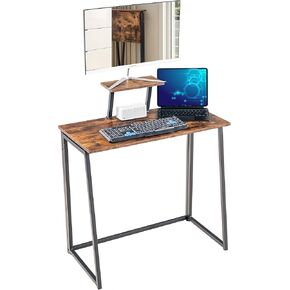 Folding Desk 31.5 Inch, Simple Compact Writing Study Table with Removable Monitor Stand, Portable Standing Desk Work Station for Home Office, Metal Frame, Brown