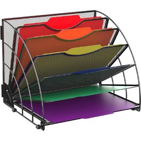 SUPEASY Fan Shaped Desk File Organizer, 6 Compartments for Filing Paper Bills, Letters, Desk Accessories for Workspace, School, Office, Waiting Room, Classroom Storage, Black