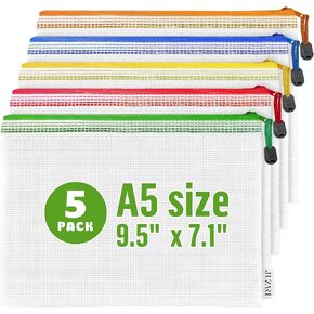 Mesh Zipper Pouch Bags A5-5 Pack Plastic Zipper Pouches for Organizing 9.5x7.1 - Mesh Pouch with Zipper Bags for Organizing - Mesh Zipper Bags for Office Supplies Travel Accessories Receipts Makeup