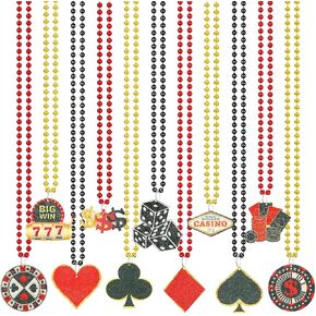 NOVWANG 21Pcs Casino Night Beaded Necklaces Casino Dice Dollar Metallic Bead Necklaces for Casino Game Night Birthday Party Favors Decorations Supplies(11 Designs)