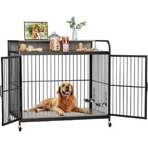 48" L X 30" W X 44.3" H Dog Crate Furniture, Dog Crate Indoor with Adjustable Height Bowls, Wooden Heavy Duty, 48 Inch Dog Kennel Furniture for Large Dogs,Grey