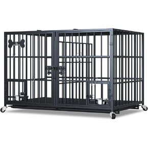 Dosker 48/42 inch XL Dog Crate for Large Dog/Double Medium Dogs,Heavy Duty Metal Dog Cages,All Metal Open Top Stackable,Dog Kennel Indoor with Wheels,Floor Grid, Tray, Divider and Feeding Bowl