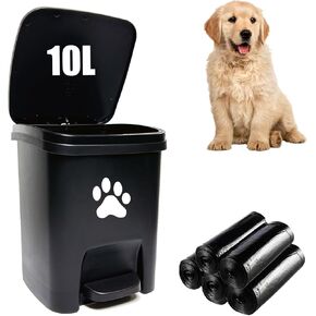 Dog Poop Trash Can Outside, Dog Waste Trash Can with Lid Odor Control for Outdoors - 10L Black, with 100PCS Waste Bags