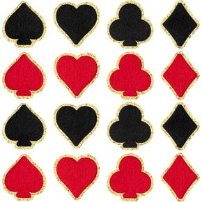 Playing Cards Chenille Iron on Patches-16Pcs Card Suits Red Black Heart Diamond Spade Repair Patches Kit Poker Las Vegas Sew on Embroidered Applique DIY Accessory for Backpack Clothes Pants Hats Jeans