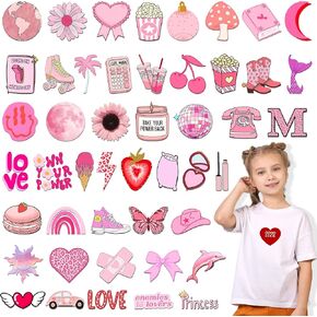 54PCS Pink Iron On Vinly Patches for Clothes, Pink Heart & Love Theme Iron on Patches for Girls Western Cowgirl DIY Applique Repair Decals Cute Preppy Patches for Backpacks Clothing Jeans T-Shirt