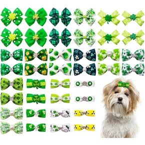 PET SHOW 20Pairs 2" 3" 4" St. Patrick Day Big Dog Hair Bows with Rubber Band for Small Medium Large Dogs Rhinestone Bowknot Topknot Cats Rabbits Girl Boy Clover Party Grooming Hair Accessories