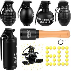 Sratte 6 Pcs Toy Hand Grenade for Tactical Game with 60 Foam Ammo Fun Impact Pull Ring Grenade Toys for Adults Outdoor Sports(Black)