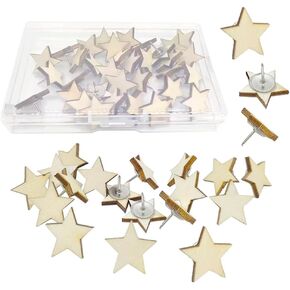 30 pcs Wood Push Pins Star Shape Cute Decorative Thumbtacks for Cork Boards Map Photos Calendar and Home Office Craft Projects with Box（Star）
