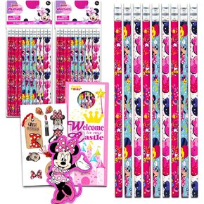 Disney Minnie Mouse Pencils School Screds Bundle - 24 أقلام ميني ماوس للصفوف الفصول الدراسية بالإضافة إلى ملصقات ميني ، المزيد | تفضل حفلة ميني ماوس
