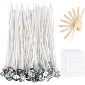 TAODAN 100PCS 8 Inch Cotton Candle Wick with 3 Stickers and 10PCS Candle Wick Holders DIY Candle Making Materials Used to Make Soy Wax Beeswax Coconut Wax Candle