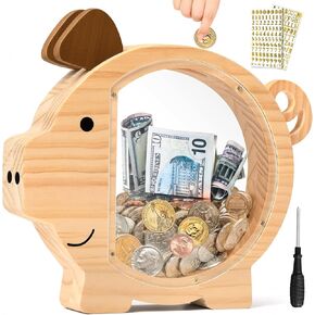 بنك Piggy for Kids للبالغين ، Vcertcpl Wooden Piggy Banks مع جوانب أكريليك واضحة ، بنك الخنزير غير القابل للكسر للبنين فتيات الأموال مربع ، بنك صغار لصالح بنك أموال حقيقية تغيير جرة