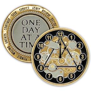 12 Steps AA Coin Sobriety Chip Medallion, Clockwork One Day at a Time Alcoholics Anonymous Recovery Affirmation Token