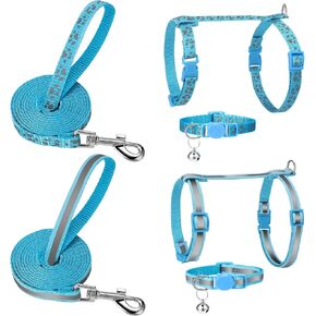 2 Pack Reflective Cat Harness and Leash Breakaway Cat Collars with Bells Escape Proof Cat Kitten Harness Adjustable for Small Medium Cats, Blue