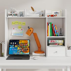 Vabches Desk Shelf for Top of Desk, Desktop Organizer Desk Storage Hutch Office Shelves Bookshelf with Wood Drawer White Organizing for Home Dorm