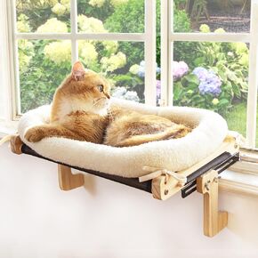 Cat Window Hammock, Window Cat Perch with Cushion Bed Cover, Wood & Metal Frame, Cat Hammock for Window, Easy to Adjust and Assemble, for Medium and Small Cats