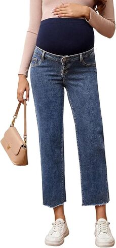 SHENHE Women's Maternity Jeans Over Belly High Waist Raw Hem Comfy Stretch Jeans Denim Pants in Kuwait