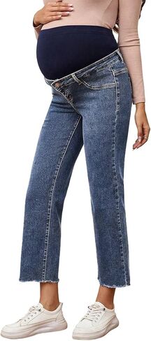 SHENHE Women's Maternity Jeans Over Belly High Waist Raw Hem Comfy Stretch Jeans Denim Pants in Kuwait