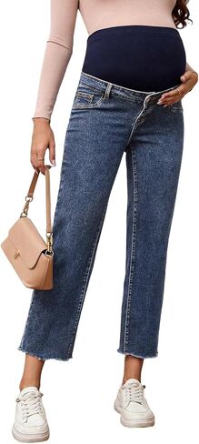 SHENHE Women's Maternity Jeans Over Belly High Waist Raw Hem Comfy Stretch Jeans Denim Pants in Kuwait