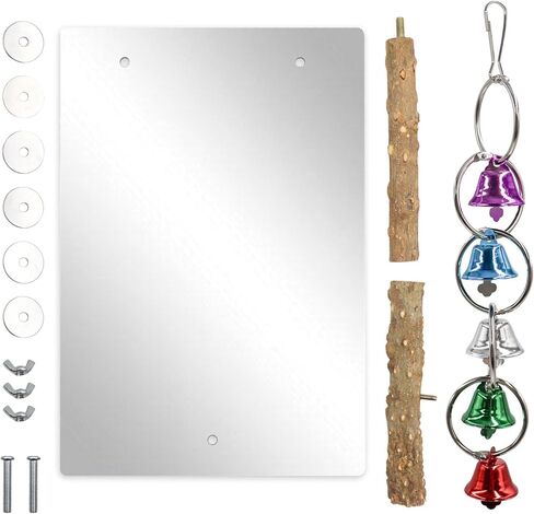 Oooct Large Bird Mirror Toy with Perch Stand, Parrot Parakeet Mirror with Bird Swing Bell Toys, Bird Cage Accessories, Suitable for Parakeet Cockatiel Conure Lovebirds - 11.8 × 7.9 Inch in Kuwait