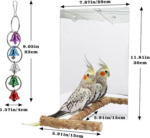 Oooct Large Bird Mirror Toy with Perch Stand, Parrot Parakeet Mirror with Bird Swing Bell Toys, Bird Cage Accessories, Suitable for Parakeet Cockatiel Conure Lovebirds - 11.8 × 7.9 Inch in Kuwait