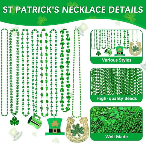 72pcs سانت باتريكز قلادة اليوم ، المعادن 8 أنواع من الخرز القديس باتريكس ، مجموعة إكسسوارات القدح الأيرلندية شامروك للبلاد ، قلادة القديس باتريكس للبالغين لتوفيات حفلات العرض in Kuwait