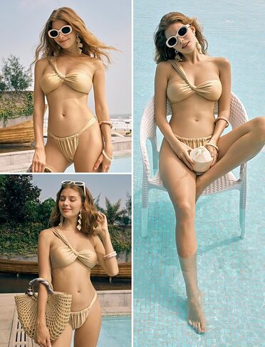 ZAFUL Women's One Shoulder Bikini Twisted Ruched High Cut Bandeau Bikini Set Two Piece Swimsuit in Saudi Arabia