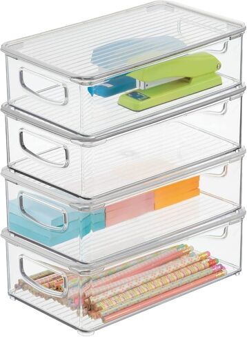 MDESIGN BIN STORAGE BIN BIN حاوية مع غطاء ومقابض مدمجة - منظمة للأقلام أو أقلام الرصاص أو مستلزمات العمل في المكتب المنزلي أو الخزانة أو المكتب ، مجموعة Ligne - 4 Pack - Clear - Clear in Kuwait