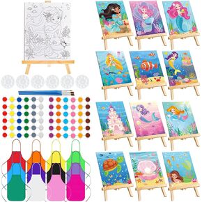 12 Sets Pre Draw Canvas to Paint Party Kits Include 12 Mermaid Pre Drawn Canvas 12 Palettes 12 Apron 12 Easels 12 Set Brushes 24 Pcs Acrylic Paints Sip and Painting Kit for Art Birthday Party Gift