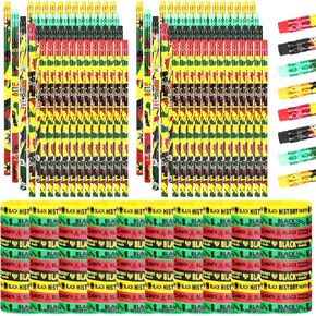 Kolewo4ever 200 Pieces Black History Month Gifts Set:100 Pieces Black History Month Pencils 100 Pieces Black History Month Rubber Bracelets for Black History Month Classrooms Rewards