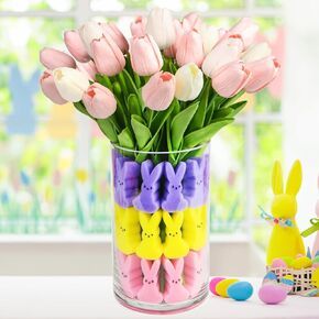 Easter Bunny Vase Filler Decorations, 16 PCS Tulips Artificial Flowers & 45 PCS Bunnies Vase Filler Kit, Easter Spring Rabbit Flowers Vase Filler for Table Centerpiece Spring Home Decoration