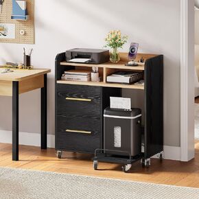 YITAHOME File Cabinet with Charging Station, 2 Drawer Lateral Filing Cabinet, Printer Stand with Open Storage Shelf for Home Office, Black