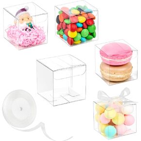 Mauproy 4x4x4 Inches Candy Apple Boxes with Hole, 30 Pack Clear Caramel Apple Boxes with Red Ribbons, Transparent Cube Plastic Gift Boxes Wedding Baby Shower Birthday Party Favor Boxes