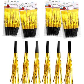 24 Pieces Glitter Metallic Fringed Noise Maker Musical Blowouts, Squawker Whistles Party Noisemakers for Birthday, New Year, Party Favor Decoration Supplies