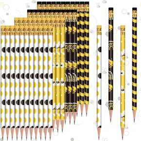 Whaline 48Pcs Bee Theme Pencils with Erasers Black Yellow Bee Flower Rainbow Writing Pencil Summer Bee Wood Pencils for Classroom Prize Summer Party Bee Day Supplies Stationery Gift Set