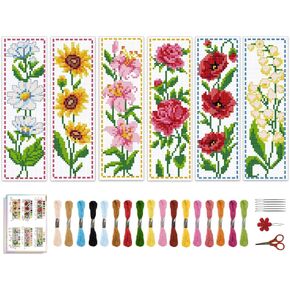 ACRNIGHEET 6PCS Cross Stitch Bookmark Kit for Beginner Flower Pattern Stamped Cross Stitch Kits for Adults Crossstitch Kits Adult Bookmarks with Instructions Hand Embroidery Craft Gift 11CT