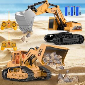 RC Buldozer و Excavator 2 مجموعة من مركبات البناء RC مع الأصوات والأضواء ، هدايا عيد ميلاد الأطفال لأكثر من 6 سنوات الفتيان