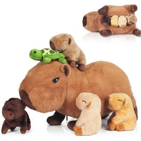 5 in 1 Capybara Plush, 14.2 Inches Capybara Stuffed Animal with Babies Inside Mommy Capybara Plush Pillow with 4 Baby Capybara Plushies Toys in Zippered Pouch for Kids Boys Girls Gifts Party Favors