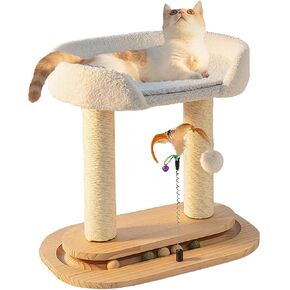 5-in-1 Small Wooden Cat Tree Tower,Natural Sisal Cat Scratching Post with Bed for Indoor Cats,Interactive Cat Feather Toy and Wooden Ball Track Toy for Kittens and Cats