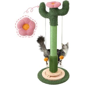 37.8" Tall Cat Scratching Post, Cactus Flower Cat Scratch Post with Natural Sisal Rope, Ball Track and Self Groomer Brush, Cute Cat Scratching Posts for Indoor Cats Adults and Kitten