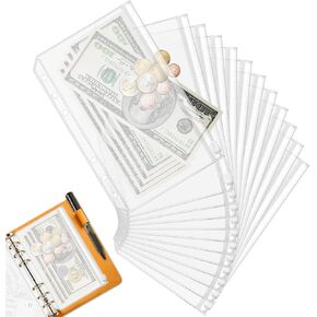 12PCS A6 Binder Pockets,6 Holes Cash Envelopes for Budgeting,A6 Zipper Pouch for Budget Binder,Money Envelope Loose Leaf Bags Waterproof Clear PVC Savings Challenges Envelopes