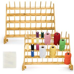 2 Pack Bamboo Thread Holder, 90 Spools Thread Rack with Hanging Hooks, Non-Slip Pads, Spool Holder for Embroidery Quilting and Sewing Threads, Hair Braiding Rack